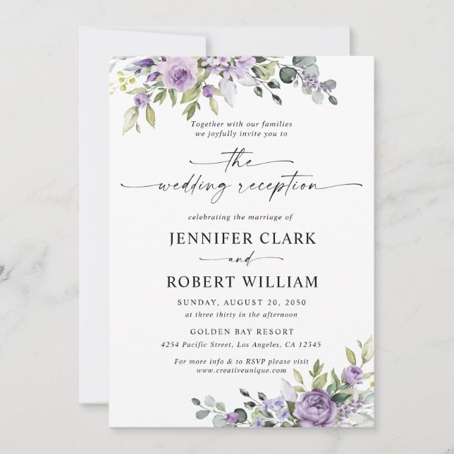Invitation Romantic Violet Flowers Wedding Reception (Devant)