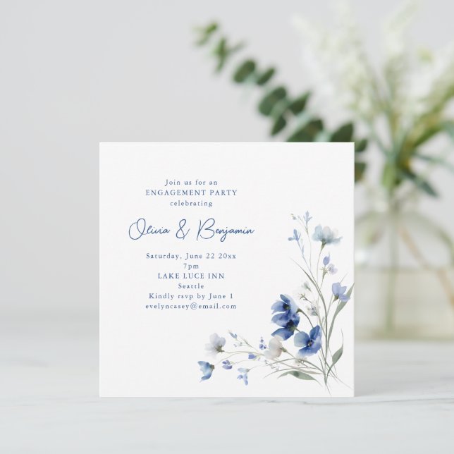 Invitation Romantic Watercolor Blue Floral Engagement Party (Debout devant)