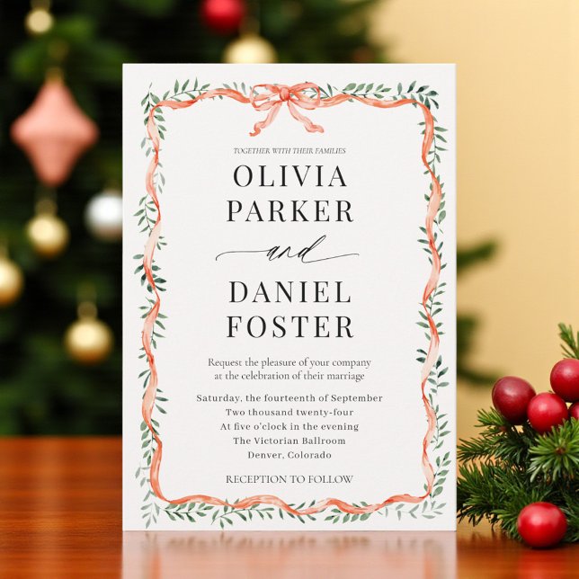 Invitation Romantic Watercolor Greenery Red Bow Wedding (Créateur téléchargé)