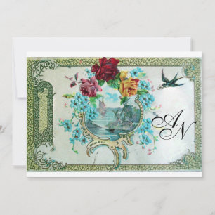 Invitation ROMANTİCA 3 MONOGRAM, Fête de Mariage Bleu Blanc