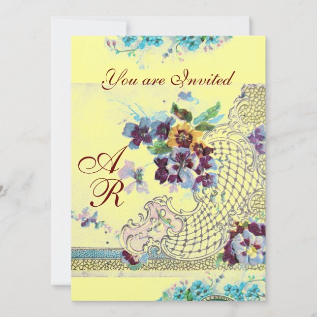 Invitation ROMANTICA Bleu rose Jaune Floral Mariage Monogramm (Devant)