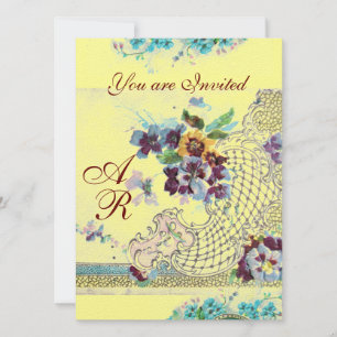 Invitation ROMANTICA Bleu rose Jaune Floral Mariage Monogramm