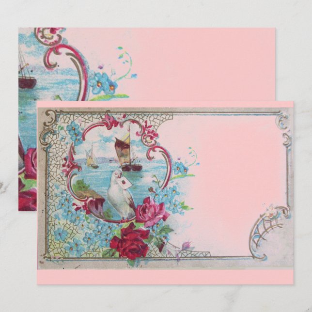 Invitation ROMANTICA Élégante Fleur Bleu Rose Mariage Party (Devant / Derrière)