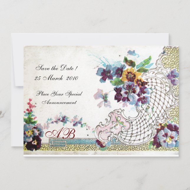 Invitation ROMANTICA Floral Bleu rose Blanc Mariage Pansies (Devant)