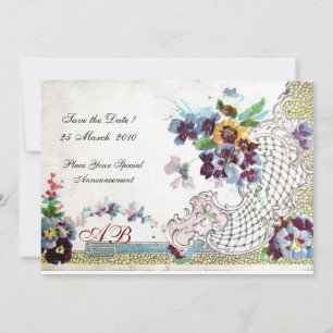 Invitation ROMANTICA Floral Bleu rose Blanc Mariage Pansies