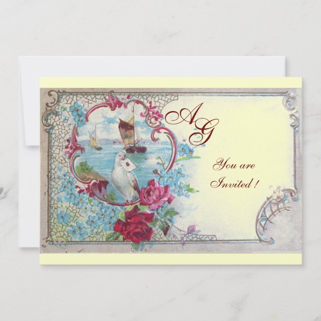 Invitation ROMANTICA MONOGRAM, champagne blanc rose rouge (Devant)