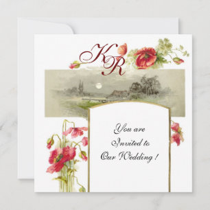 Invitation ROMANTİCA MONOGRAM / COQUELICOTS,rouge,vert,blanc