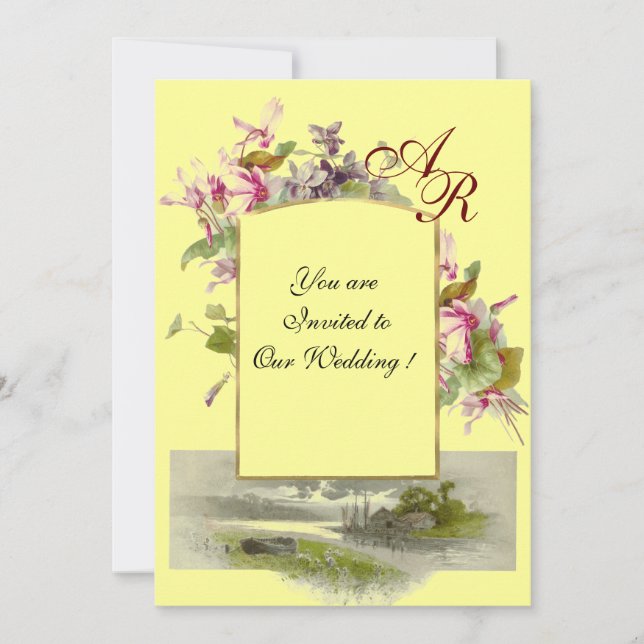 Invitation ROMANTİCA MONOGRAM / CYCLAMENS, vert rose jaune (Devant)