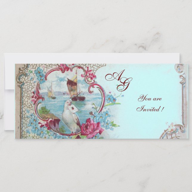 Invitation ROMANTICA MONOGRAM, Mariage rouge blanc rose (Devant)