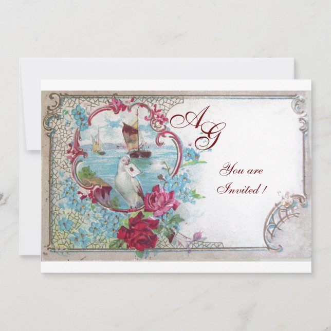 Invitation ROMANTICA  MONOGRAM, rouge blanc bleu rose (Devant)