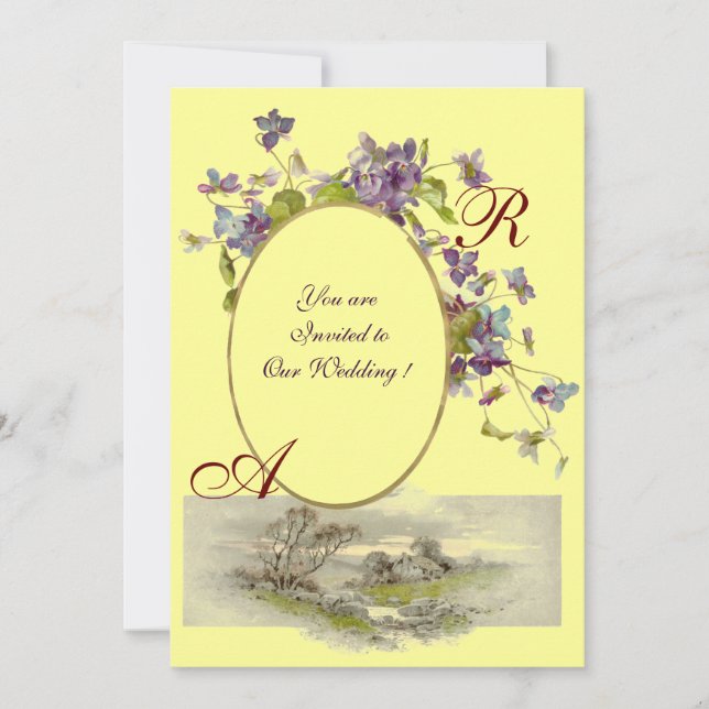 Invitation ROMANTİCA MONOGRAM / VIOLETS, vert violet, jaune (Devant)