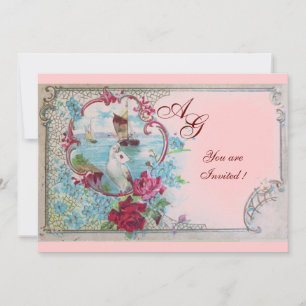 Invitation ROMANTICA  MONOGRAMME, rouge blanc bleu rose
