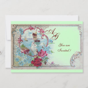 Invitation ROMANTICA  MONOGRAMME, rouge blanc bleu rose vert