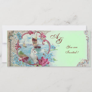 Invitation ROMANTICA  MONOGRAMME, rouge blanc bleu rose vert