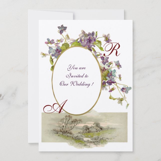 Invitation ROMANTICA MONOGRAMME /VIOLETS, vert pourpre, champ (Devant)