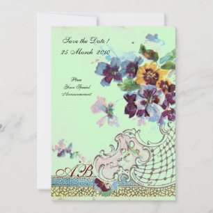 Invitation ROMANTİCA Rose Bleu Vert Mariage Floral Monogramme