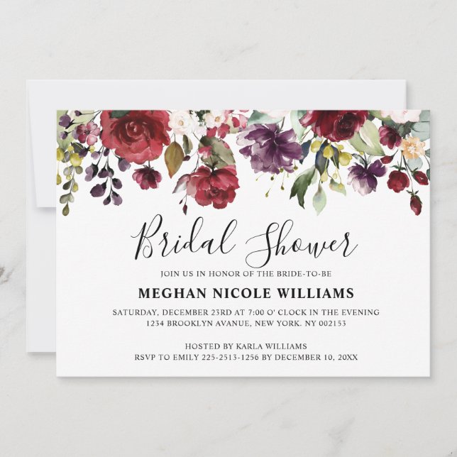 Invitation Romantique aquarelle rouge bourguignon blush rose  (Devant)