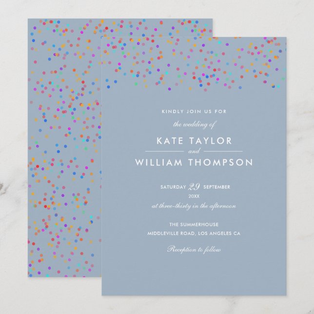 Invitation Romantique arc-en-ciel Confetti Dusty Mariage bleu (Devant / Derrière)