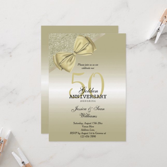 Invitation Romantique Arc en Or & Paillettes 50 ans de Mariag (Devant/Arrière en situation)