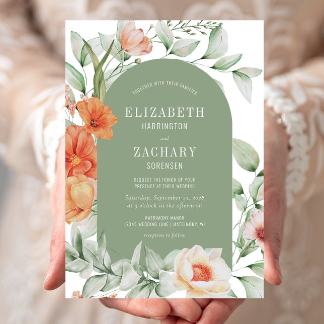 Invitation Romantique Arc Floral Peach Sage Green Mariage (Créateur téléchargé)