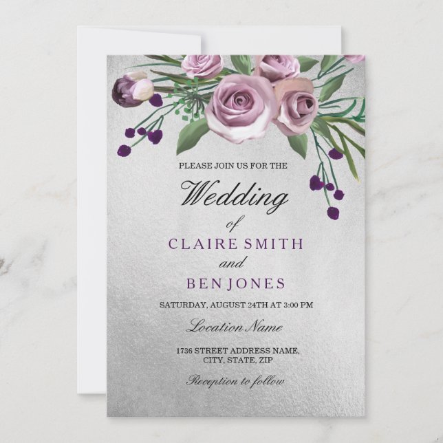 Invitation Romantique Argent violet Rose Floral Mariage Invit (Devant)