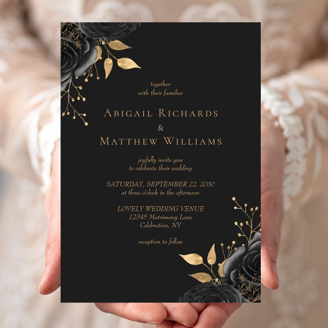 Invitation Romantique Black Gold Floral Mariage foncé (Créateur téléchargé)