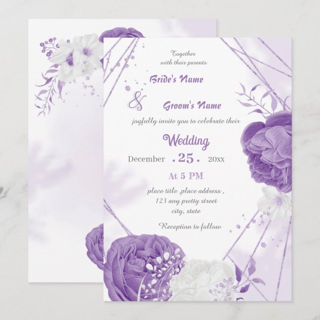 Invitation romantique blanc & fleurs violettes mariage géomét (Devant / Derrière)