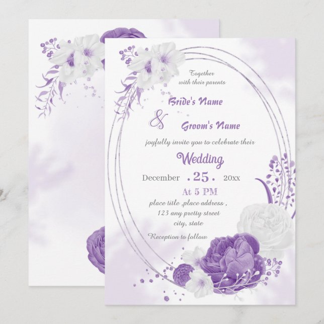 Invitation romantique blanc & fleurs violettes mariage géomét (Devant / Derrière)