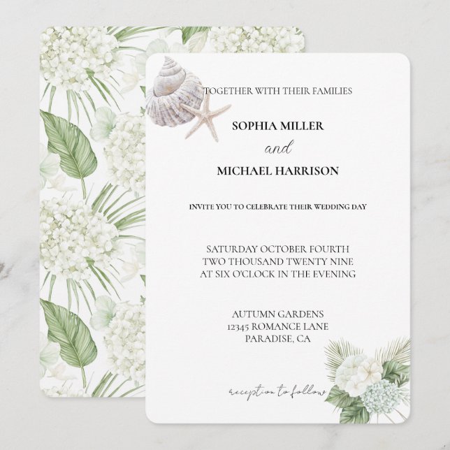 Invitation Romantique Blanc Hydrangea Fleurs Plage Mariage (Devant / Derrière)