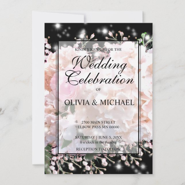 Invitation Romantique blanc & noir dentelle hydrangeas roses  (Devant)