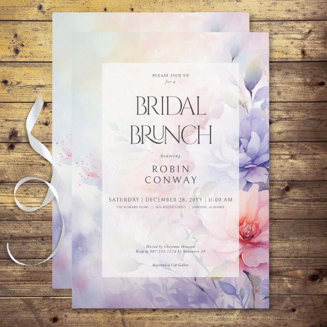 Invitation Romantique Bleu violet et rose Floral Brunch nupti (Romantic Blue Purple & Pink Floral Bridal Brunch Invitation)