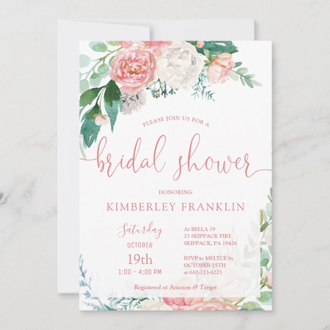 Invitation Romantique Blush Floral et Fête des mariées d'or I (Devant)