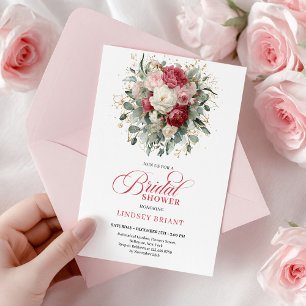 Invitation Romantique Bohème Rouge Carmine Or Fleurs Mariage