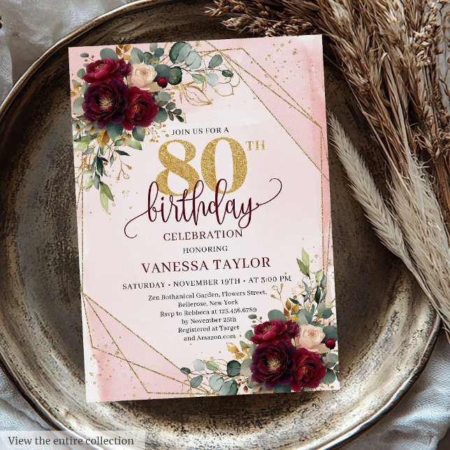 Invitation Romantique Boho Marsala Gold Flowers 80e anniversa (Romantic Boho Marsala Gold Flowers 80th Birthday Invitation)