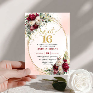 Invitation Romantique Boho Merlot Or Floral Dix-Seize Ans 
