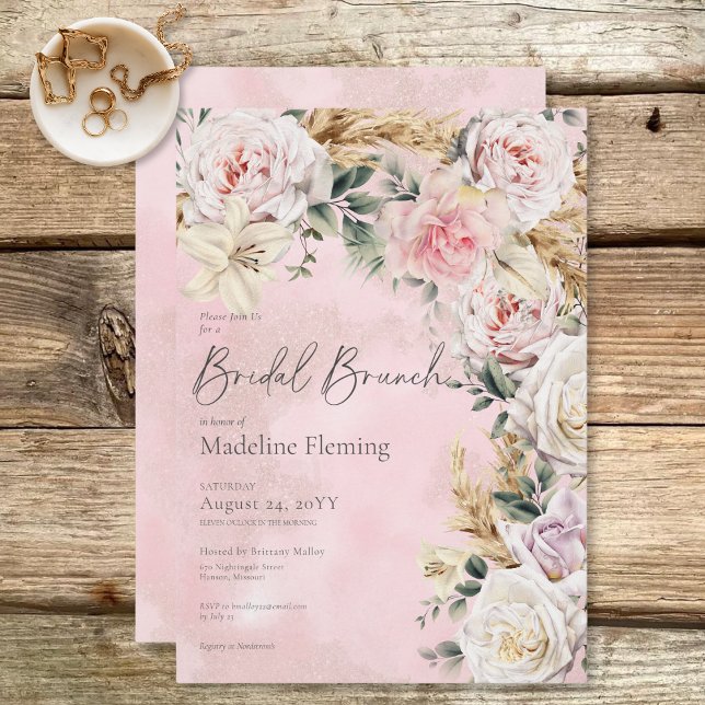 Invitation Romantique Boho Rose Roses & Pampas Brunch nuptial (Romantic Boho Pink Roses & Pampas Bridal Brunch Invitation)
