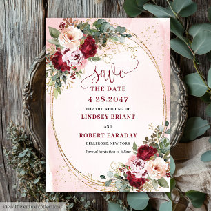 Invitation Romantique Boho Rouge Clair Or Fleurs Enregistrer