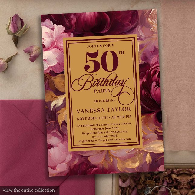 Invitation Romantique bordeaux roux roses 50e anniversaire (Romantic burgundy blush gold roses 50th birthday card

)