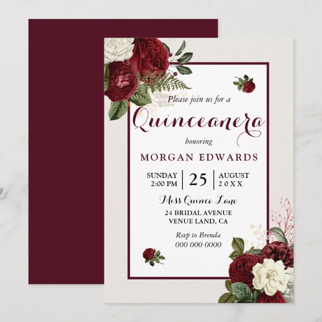 Invitation Romantique Bourgogne Blanc Floral Quinceanera Invi (Devant / Derrière)