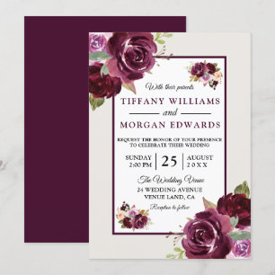 Invitation Romantique Bourgogne Fleurs de Berry Élégant Maria