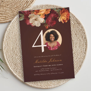 Invitation Romantique Bourgogne Florale Photo 40e anniversair