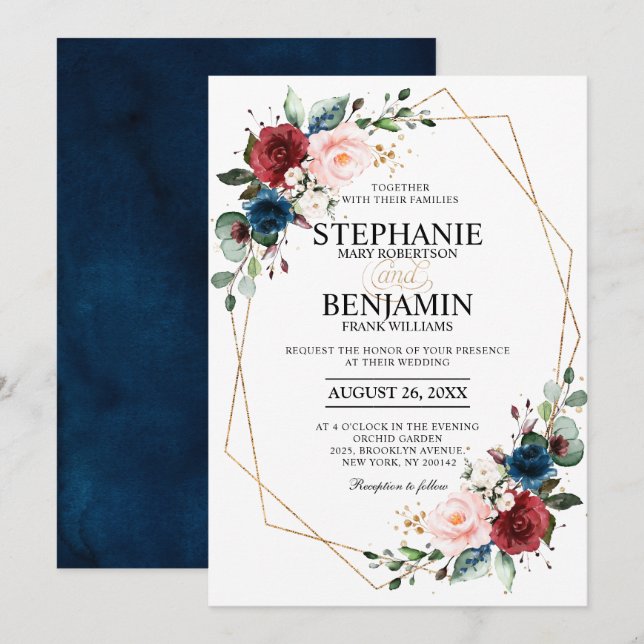 Invitation Romantique Bourgogne Marine bleu Floral géométriqu (Devant / Derrière)