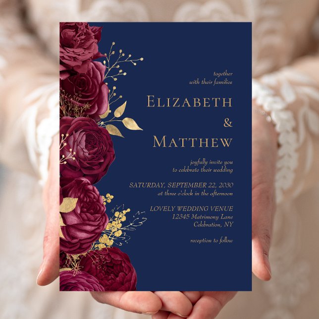 Invitation Romantique Bourgogne Marine Blue Gold Floral Maria (Créateur téléchargé)