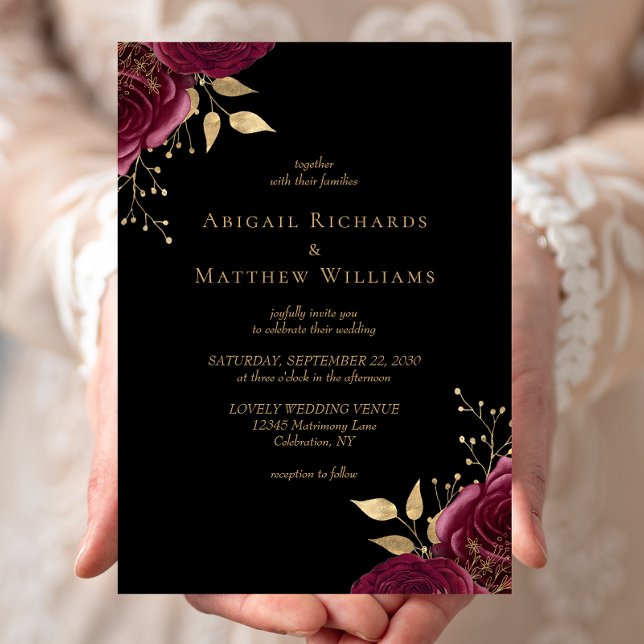 Invitation Romantique Bourgogne or Floral Mariage noir (Créateur téléchargé)