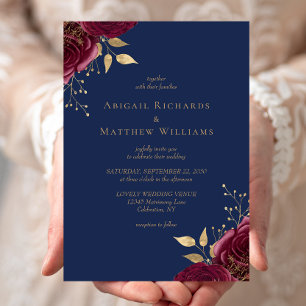 Invitation Romantique Bourgogne or Floral Marine Mariage bleu