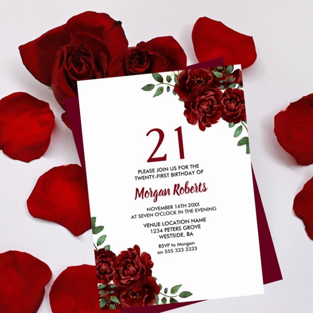 Invitation Romantique Bourgogne Rouge Rose 21e anniversaire I (Créateur téléchargé)