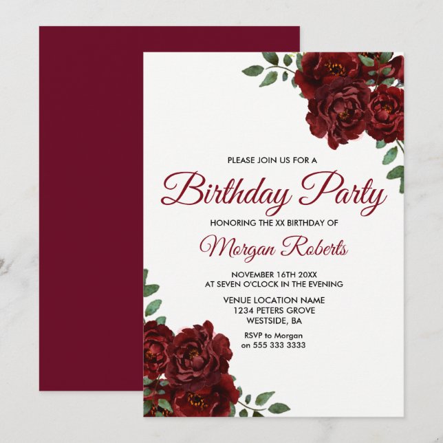 Invitation Romantique Bourgogne Rouge Rose Anniversaire Invit (Devant / Derrière)