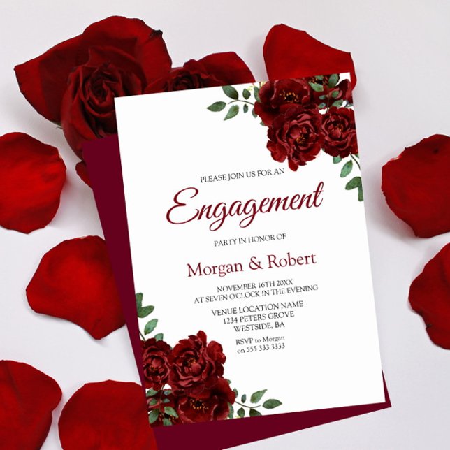 Invitation Romantique Bourgogne Rouge Rose Engagement Invitat (Créateur téléchargé)