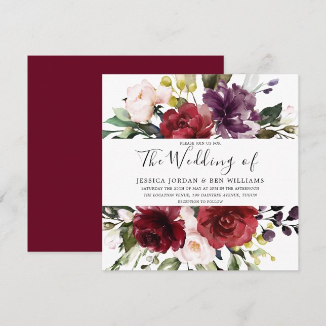 Invitation Romantique Bourgogne Rouge Rose Mariage (Devant / Derrière)