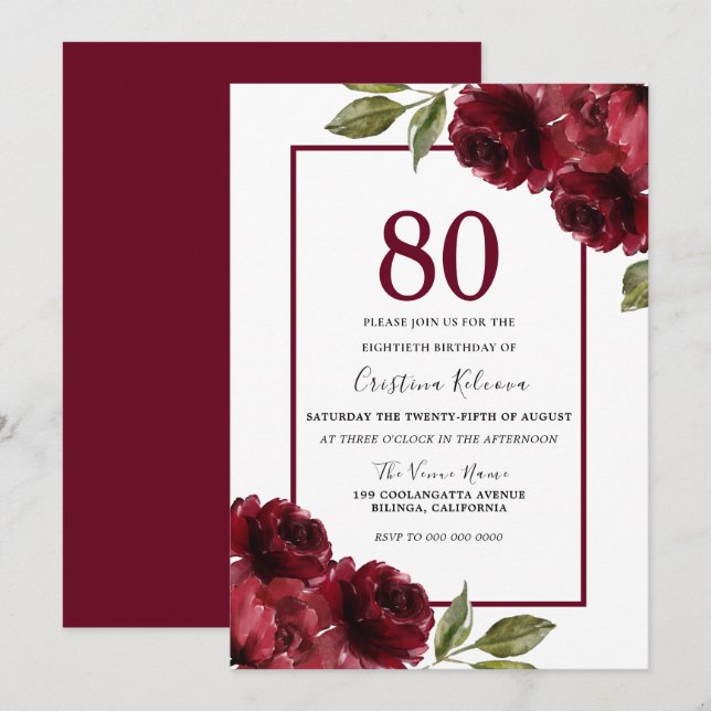 Invitation Romantique Bourgogne Rouge Roses 80e fête d'annive (Devant / Derrière)